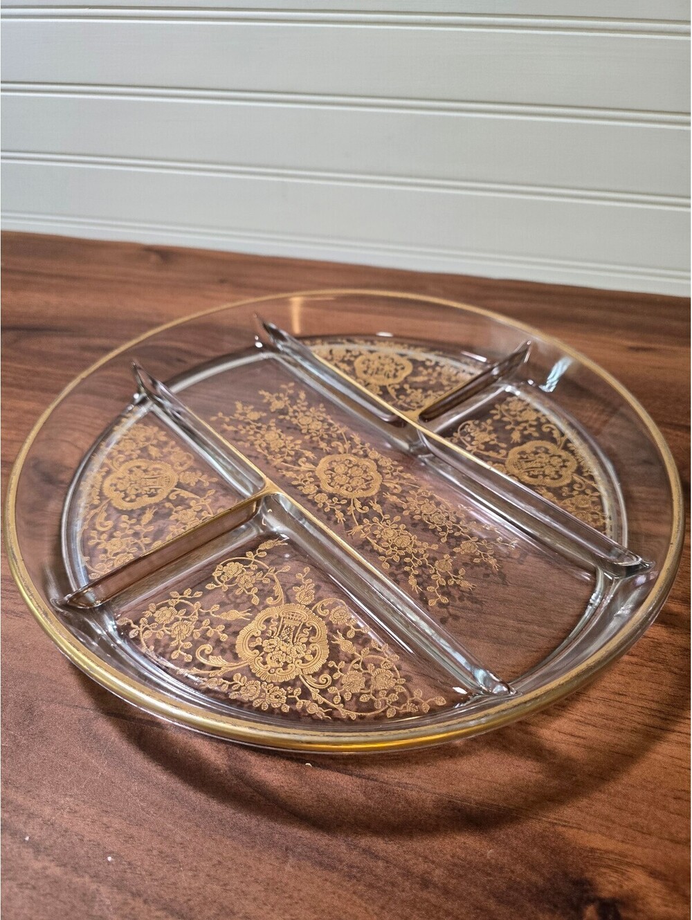 Vintage MCM Gold Floral Glass Divided Serving Relish Tray 11”